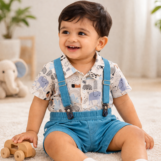 S/S Shirt with Suspender Shorts for Baby Boy - Cotton Outfit (0–24M)