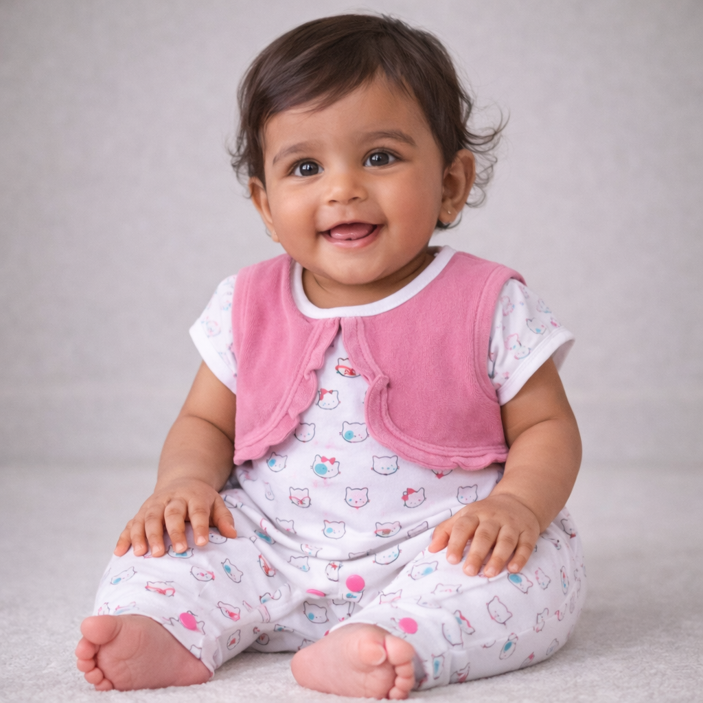 F/S Velour Romper - Baby Girl Cotton Outfit (0–9M)