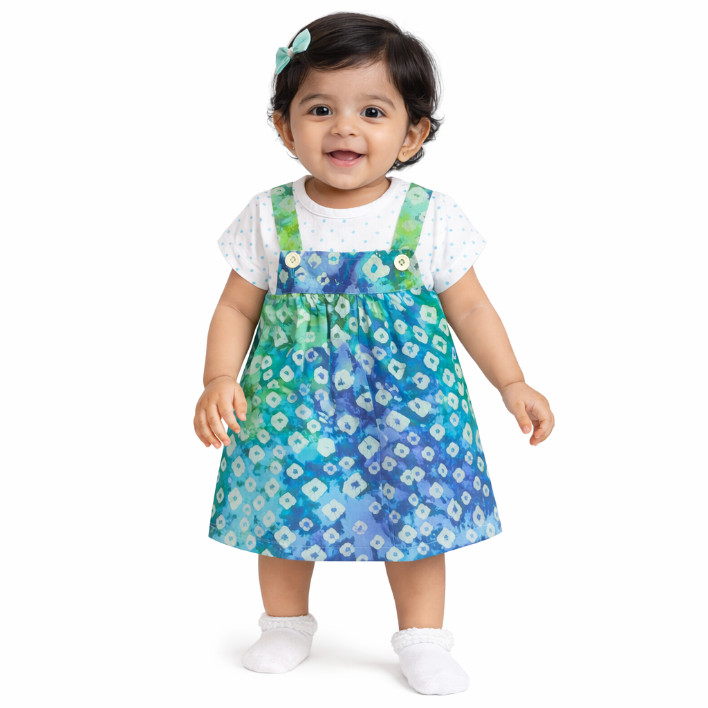Green & Blue Floral Frock Set - Baby Girl Cotton Outfit (0–12M)