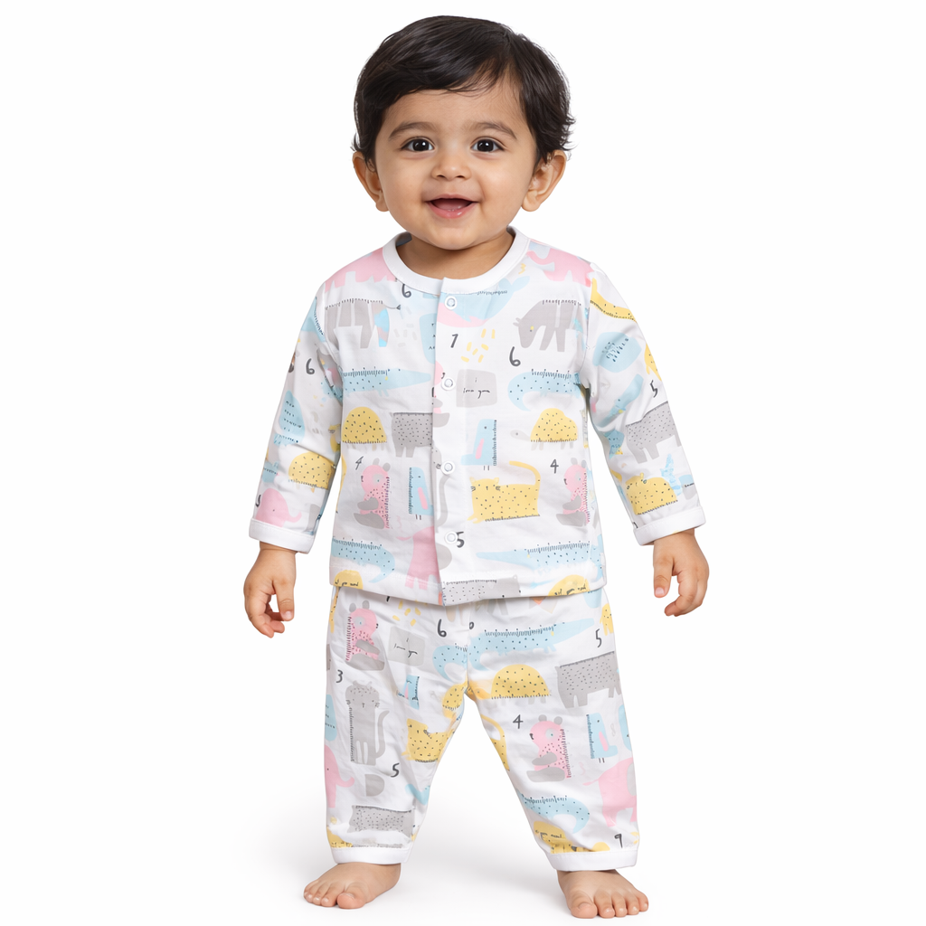 Animal Printed White Night Dress for Baby Boy - Cotton Outfit (0–36M)