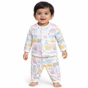 Animal Printed White Night Dress for Baby Boy - Cotton Outfit (0–36M)