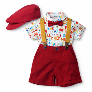 Red Dress Set with Cap & Bow for Baby Boy - Cotton Outfit (9–36M)