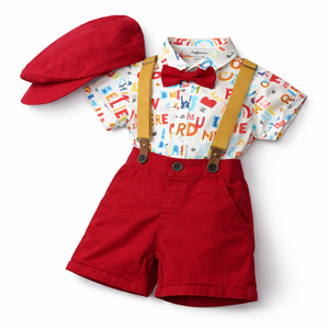 Red Dress Set with Cap & Bow for Baby Boy - Cotton Outfit (9–36M)