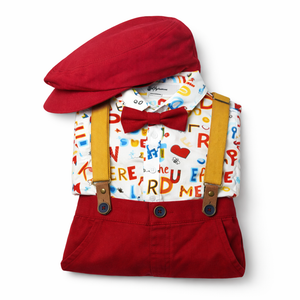 Red Dress Set with Cap & Bow for Baby Boy - Cotton Outfit (9–36M)