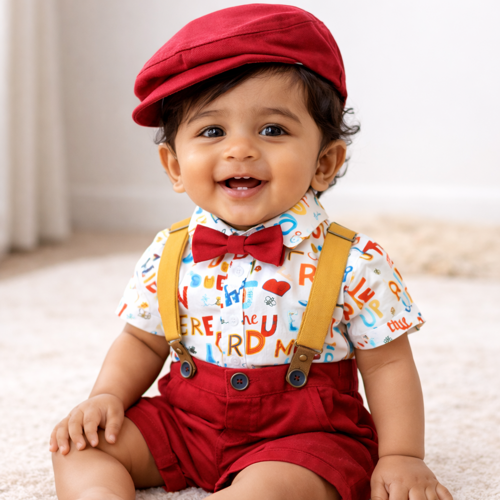 Red Dress Set with Cap & Bow for Baby Boy - Cotton Outfit (9–36M)