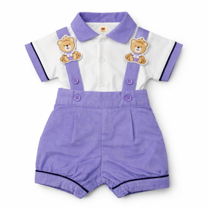 Purple Dress Set with Bear Logo for Baby Boy - Cotton Outfit (0–9M)