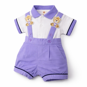 Purple Dress Set with Bear Logo for Baby Boy - Cotton Outfit (0–9M)