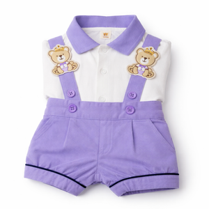 Purple Dress Set with Bear Logo for Baby Boy - Cotton Outfit (0–9M)