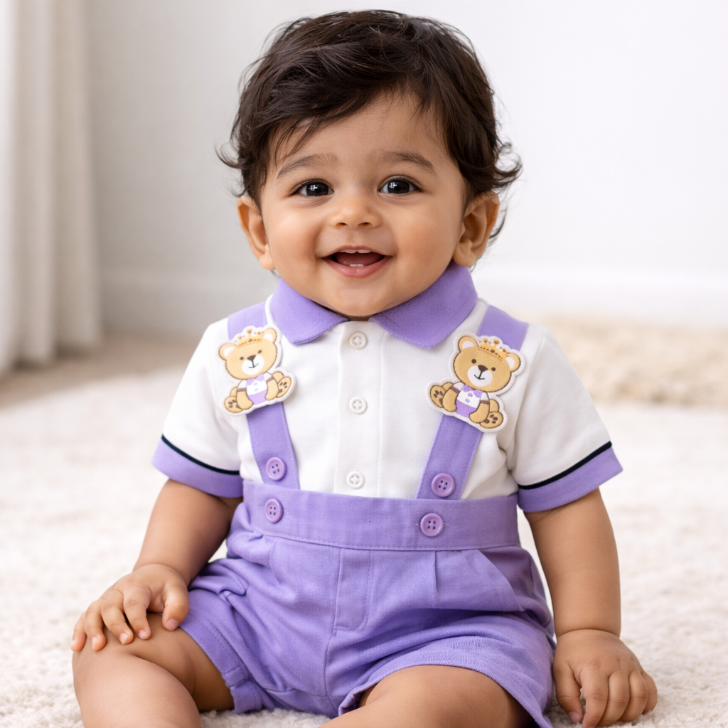 Purple Dress Set with Bear Logo for Baby Boy - Cotton Outfit (0–9M)