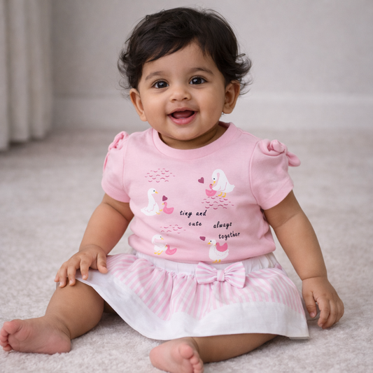 Pink Duck Print Top & Skirt