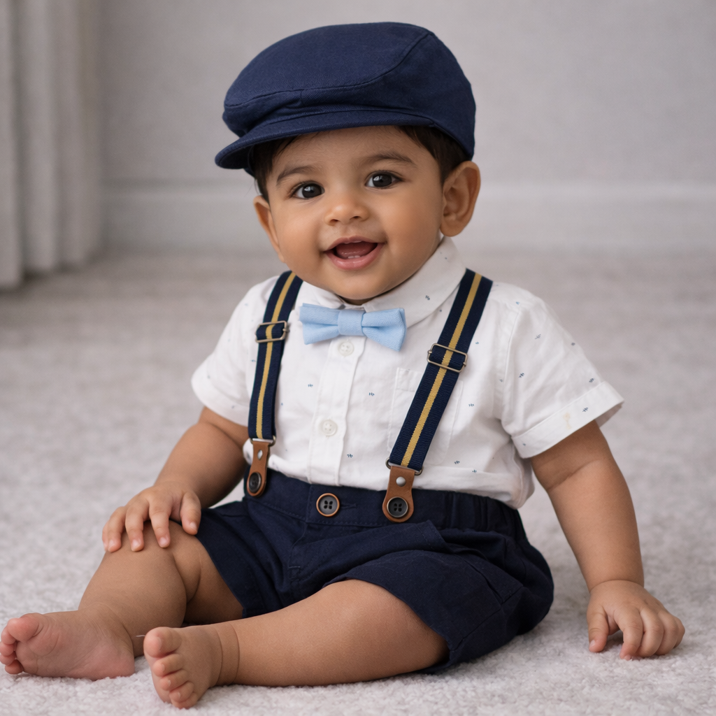 Suspender Short Set with Cap for Baby Boy - Cotton Outfit (9–36M)