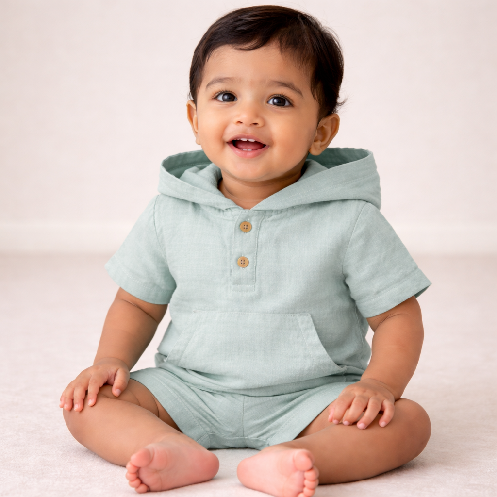 Mint Green Baby Half Romper with Hoodie for Baby Boy - Cotton Outfit (0–9M)