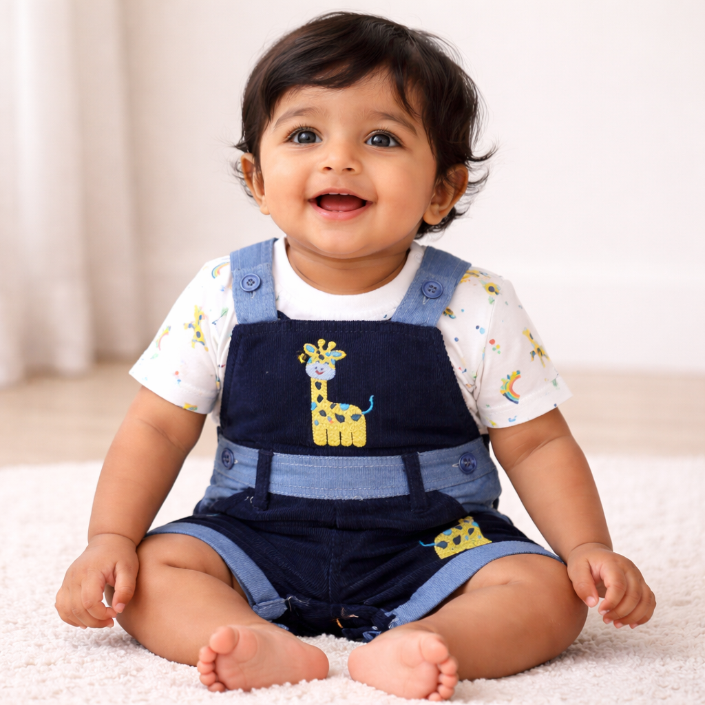 Baby Outfit with Embroidered Giraffe for Baby Boy - Cotton Outfit (0–24M)