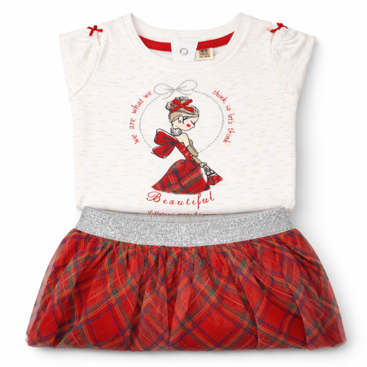 Girl's Red Plaid Tulle Outfit with Midi - Baby Girl Cotton Outfit (9–36M)