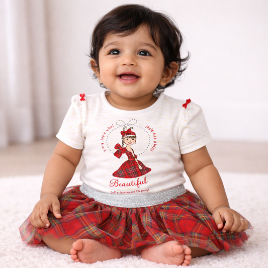 Girl's Red Plaid Tulle Outfit with Midi - Baby Girl Cotton Outfit (9–36M)