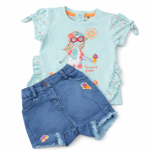 Baby Girl's Cool Oufit with Jeans Short - Cotton Outfit (9-36M)