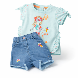 Baby Girl's Cool Oufit with Jeans Short - Cotton Outfit (9-36M)