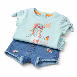 Baby Girl's Cool Oufit with Jeans Short - Cotton Outfit (9-36M)
