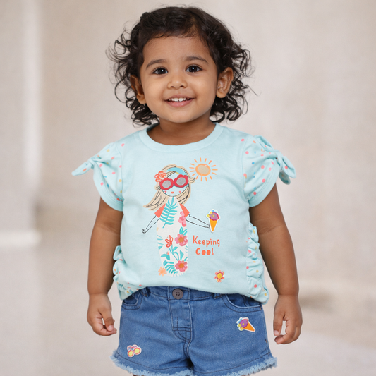 Baby Girl's Cool Oufit with Jeans Short - Cotton Outfit (9-36M)