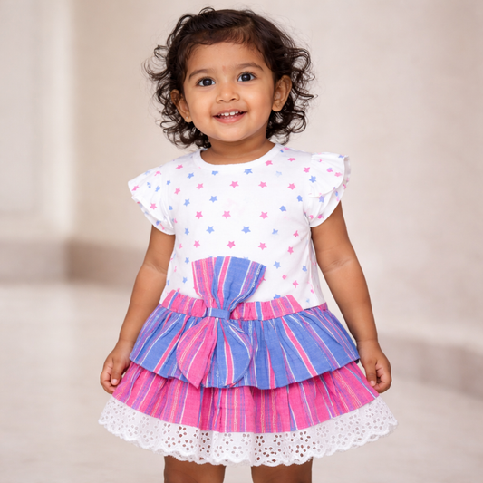 Girl's Starry T-shirt and Bowed Skirt - Baby Girl Cotton Outfit (9–36M)