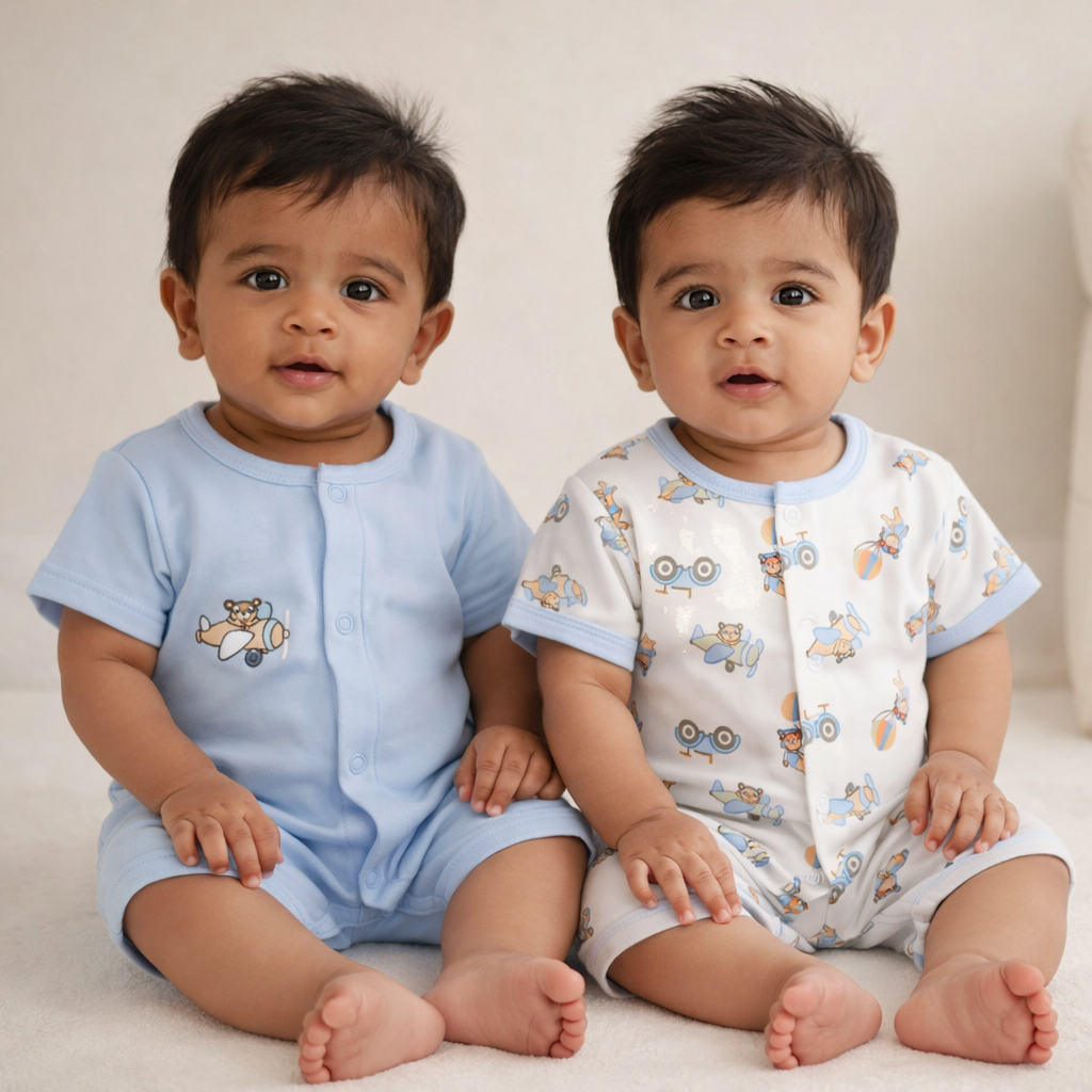 Navy Blue Half Romper with Teddy Logos for Baby Boy - Cotton Outfit (0–9M)