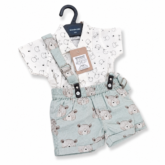S/S T-Shirt with Suspender Shorts with Bear Face for Baby Boy - Cotton Outfit (0–12M)