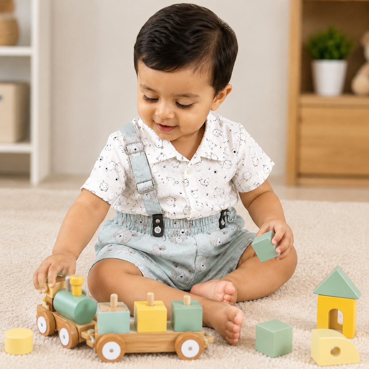 S/S T-Shirt with Suspender Shorts with Bear Face for Baby Boy - Cotton Outfit (0–12M)