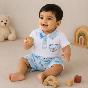 S/S Romper with Bear Face for Baby Boy - Cotton Outfit (0–9M)