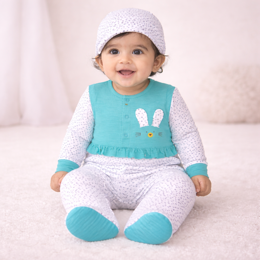 F/S Romper with Cap - Baby Girl Cotton Outfit (0–9M)
