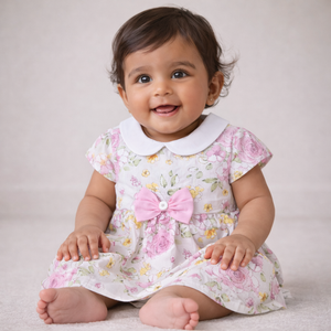 S/S Fancy Baby Dress with Bow - Baby Girl Cotton Outfit (0–24M)