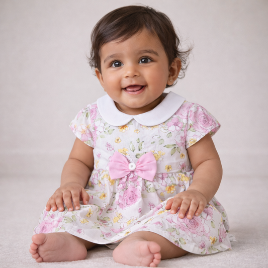 S/S Fancy Baby Dress with Bow - Baby Girl Cotton Outfit (0–24M)