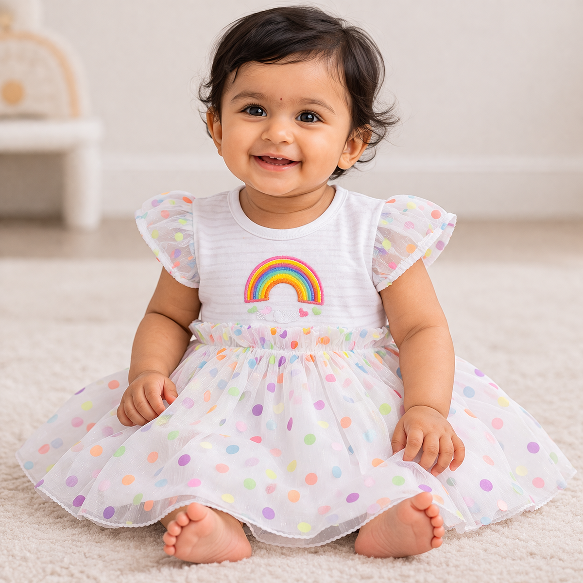 S/S Fancy Baby Dress with Colour Dots - Baby Girl Cotton Outfit (0–24M)