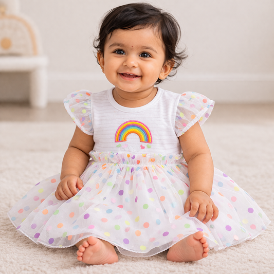 S/S Fancy Baby Dress with Colour Dots - Baby Girl Cotton Outfit (0–24M)